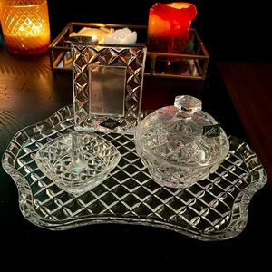 lead crystal vanity tray with small picture frame and ring holder and container